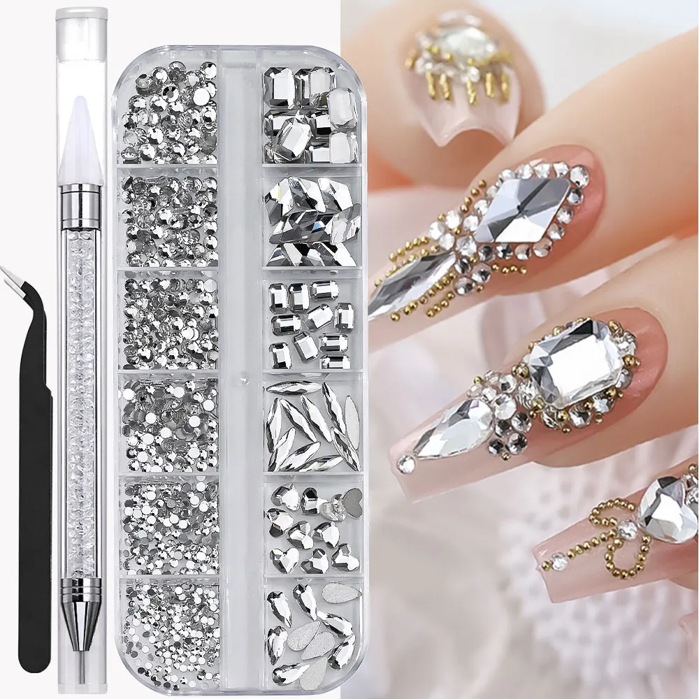 

12 Grids Shiny Crystal Gem Nail Rhinestones Pearls Nail Charms Mixed Round Glass Stone Flatback Nail Charms 12grids Nail Diamond
