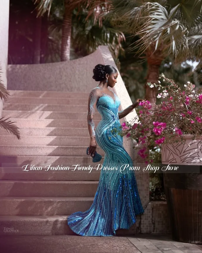 Customized Gradient Turquoise Mermaid Evening Gown Illusion Long Sleeve Rhinestone Beading African Prom Wedding Reception Dress