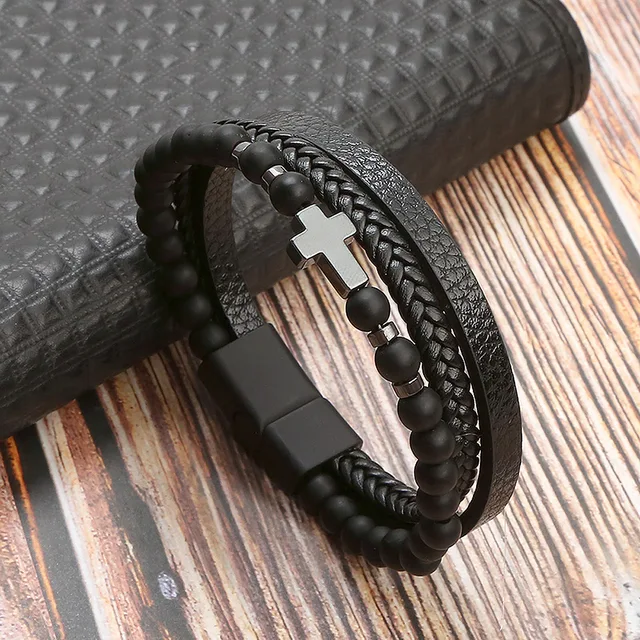 OQKKYY Pulsera De Cuero Con Cruz De Cuero Para Hombre, Con Doble Fila De Cierre Magnético, Pulsera Trenzada Personalizada, Pulsera De Cuerda De Cuero, Regalo De Joyería Religiosa Para Hombres (1