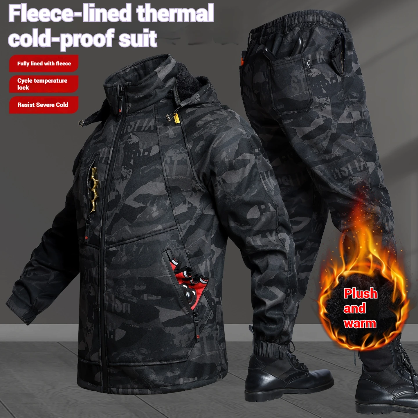 

Мужской зимний комплект из толстого флиса с капюшоном, теплый ветрозащитный морозостойкий спортивный костюм, уличная рабочая одежда для пешего туризма, спортивный костюм для мужчин