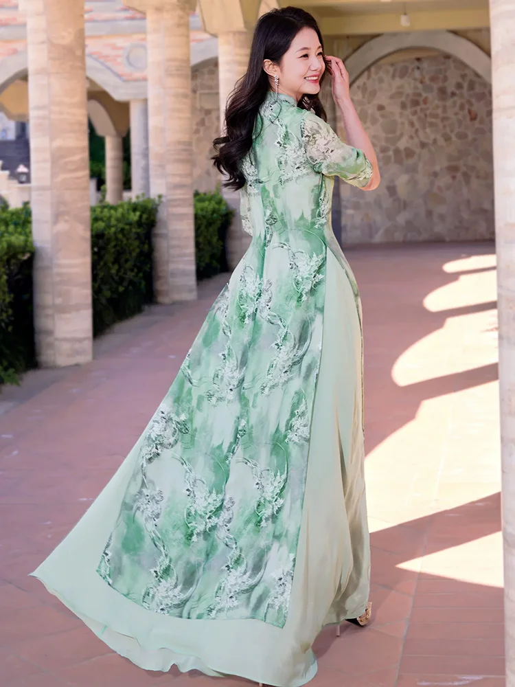 New Women Chinese Style Light Green Long Dress Summer Fashion Stand Collar Half Sleeve High Print Dress Elegant Gentle Dress