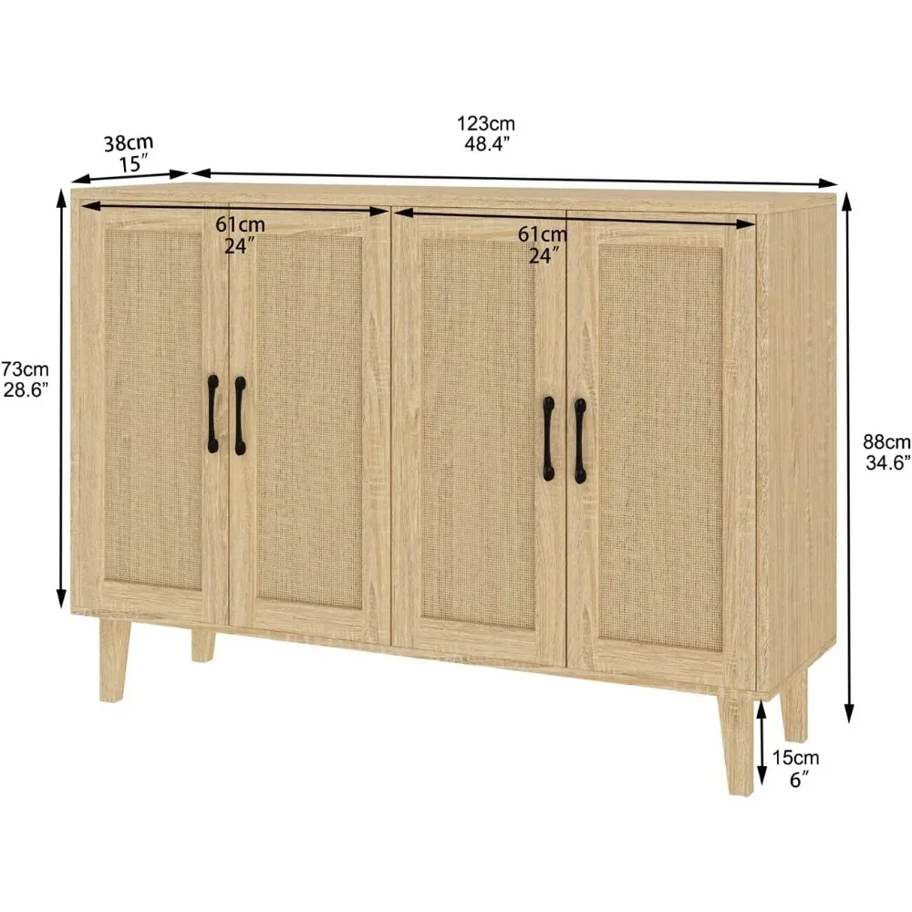 Buffet Storage Cabinet with Rattan Decorating 4 Doors Living Room Kitchen Sideboard 48.43 X 34.65 X 15 Inch (Natural Wood)