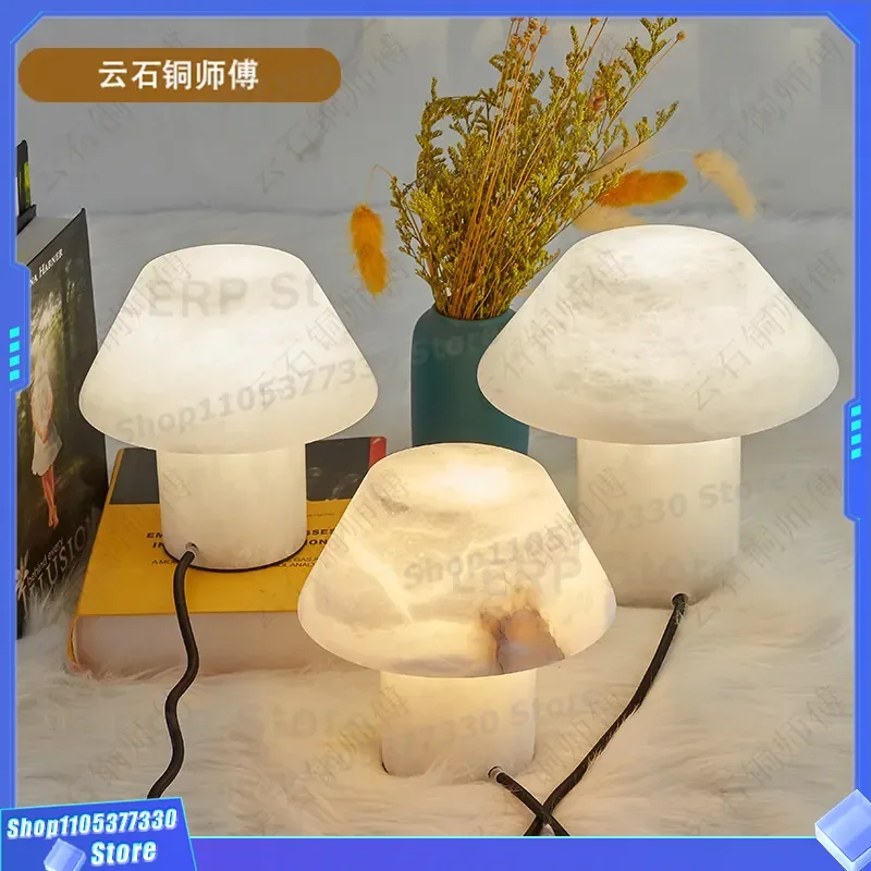 Natural Spanish Marble Table Lamp Mini Mushroom Bedside Light for Bedroom Study Desk Decor Modern Internet Celebrity Style