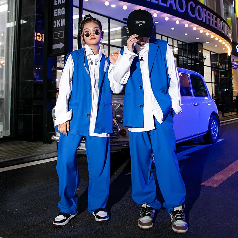 K-pop Mädchen Kleidung Jazz Dance Anzüge Streetwear Hemd Blaue Weste Hosen Set Hip-hop Runway Zeigen outfits Coole Kleidung für Jungen