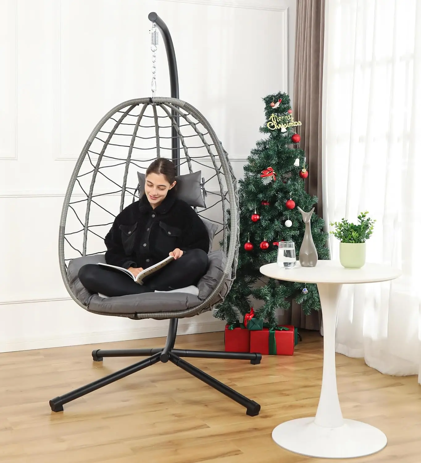 Egg Chair with Stand, Swing Chair Hanging Chair Nest Basket, UV Resistant Removable & Washable Cushions,350LBS Capacity