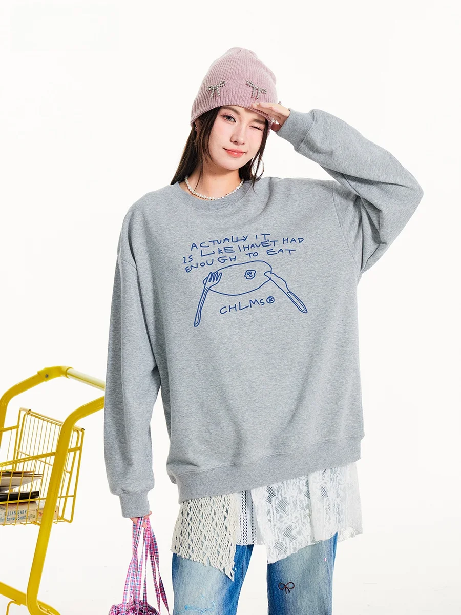 

CHLMS Oversize Fun Line Иллюстрация с принтом Fce Толстовка с капюшоном Новая модная женская повседневная длинная све круглая толстовка в китайском стиле Ne Sweat...