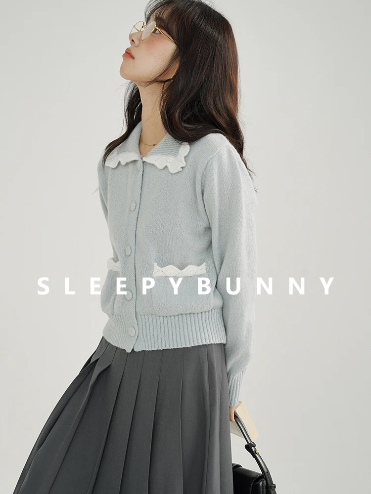 Sweet Baby Blue Cardigan | Contrast Trim Doll Collar Knit Sweater | Soft Cozy Long Sleeve Button Front Knitwear for Women Winter