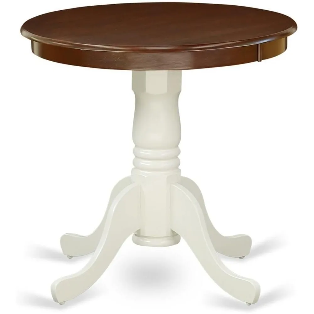 Kitchen Table - a Round Dining Table Top with Pedestal Base, 30x30 Inch, Mahogany & Linen White