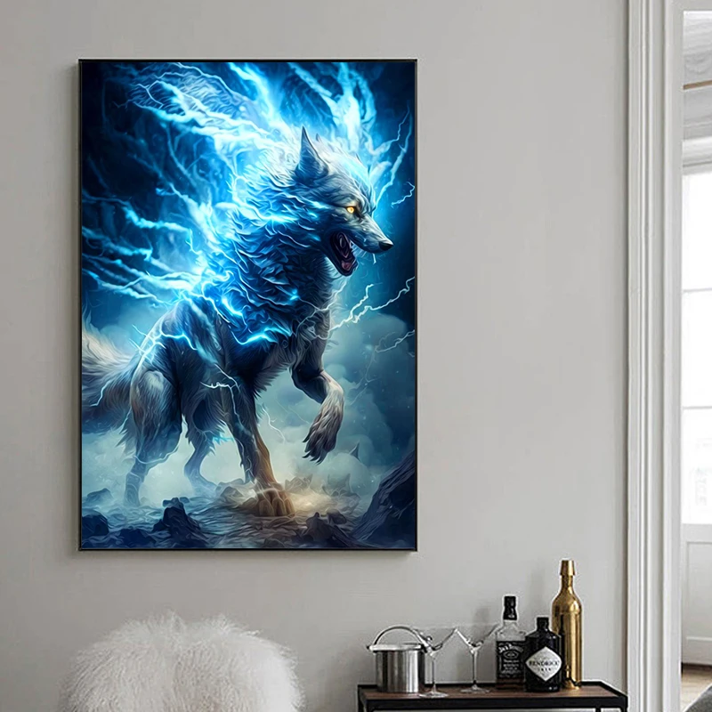 Blue Flaming Fantasy Animal Wolf Posters and Prints Canvas Painting Beast Wall Art Picture for Living Room Home Decor Cuadros