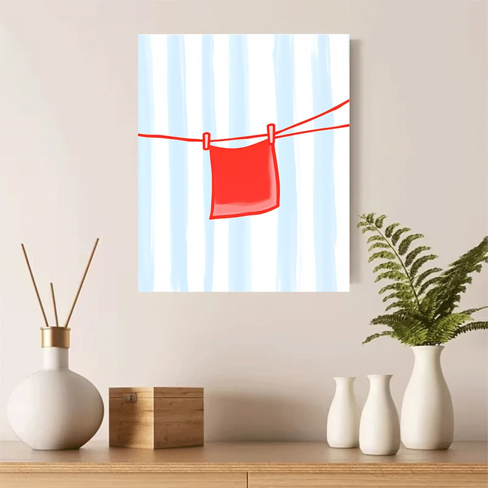 1PC-Unframed Canvas poster wall decoration  Red Towel Hanging On Clothesline Blue Striped Background Simple Art Print