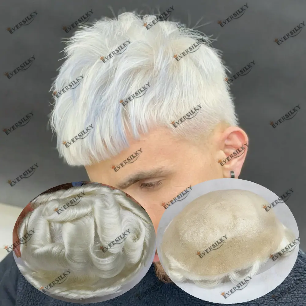 Natural Haireline 60R# White Mens Microskin 100% Human Hair Toupee 0.04-0.05mm Super Thin Skin Men Capillary Prosthesis System