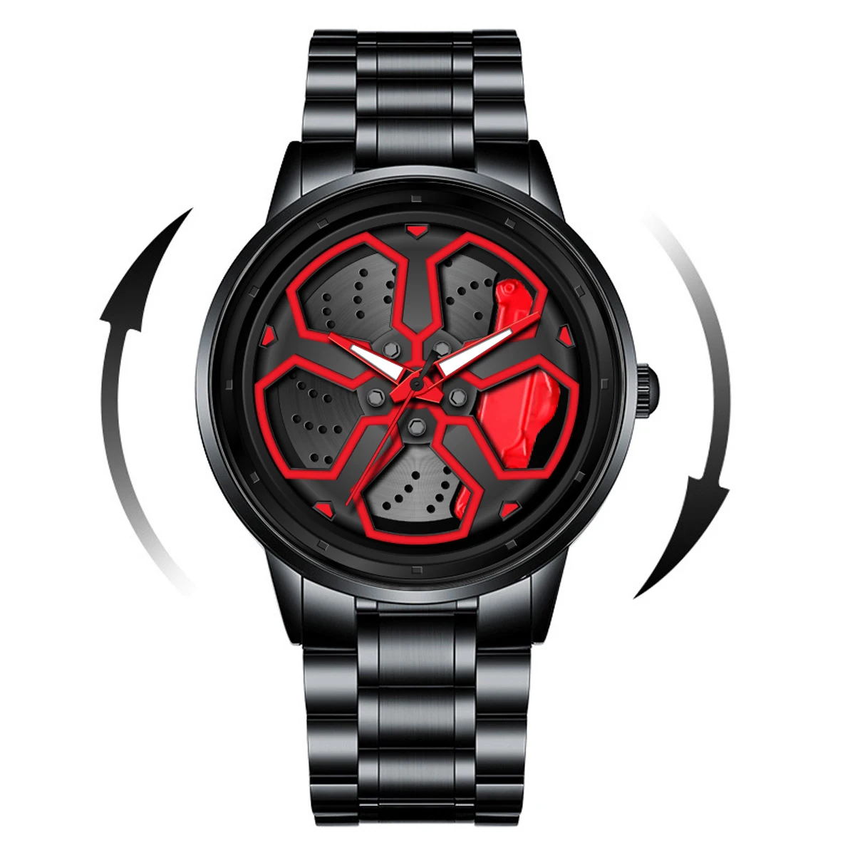 Original Wheel Rotating Men Watches Black Fashion Stainless Steel Strap Sports Man Clock 3Bar Quartz Movement Top Watch for Men