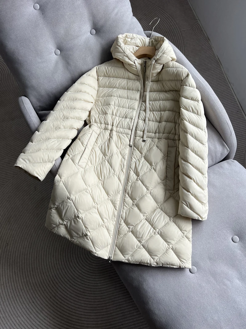 Black Lightweight Down Jacket Women's Mid-length Drawstring Waist Slimming Coats Winter New Hooded 90 White Duck Down Outerwear