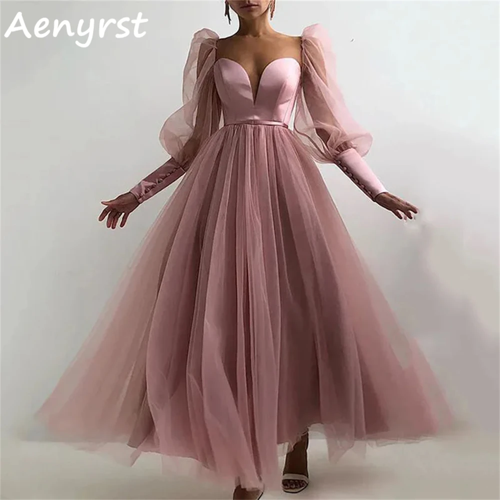 Aenyrst Sweetheart Long Puff Sleeves Prom Dresses Tulle A Line Evening Gowns Ankle Length Dinner Party Dress Long فساتين السهرة