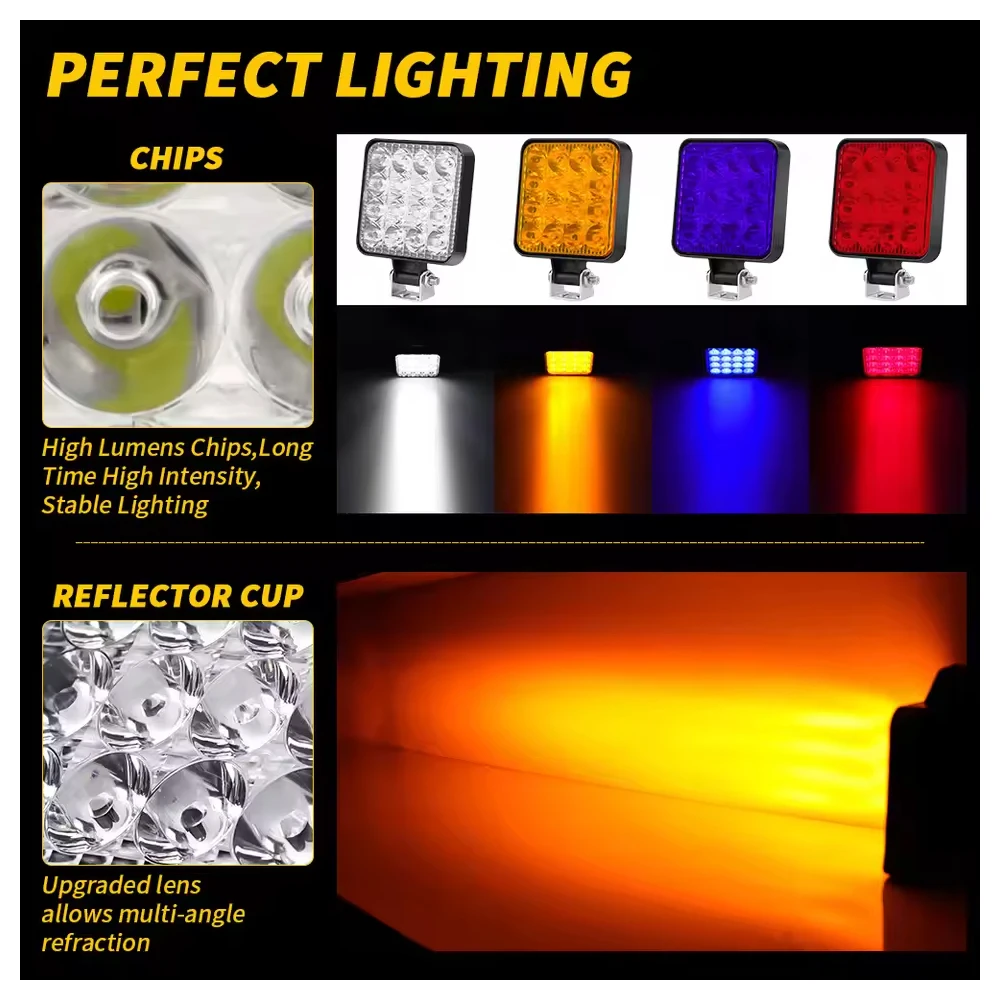 12V 16 Led Waterproof Work Light Bar Square Spotlight 48W Work Light Headlight For SUV Truck Off Road Night Driving Light