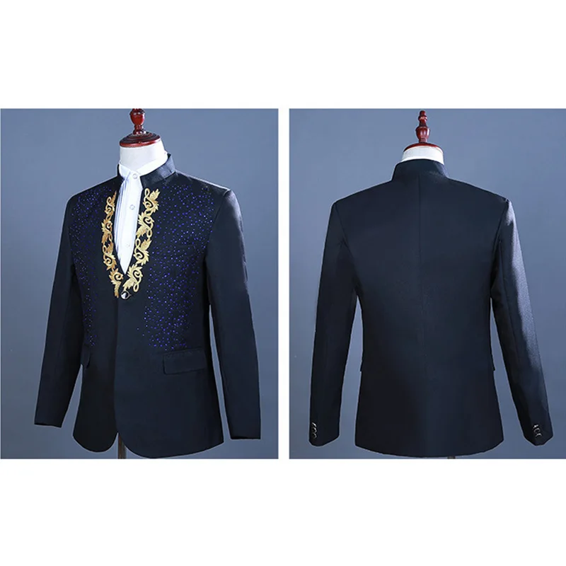 2-Piece Embroidered Diamond Suit White Mens Stand Collar/Lapel Men For Wedding Groom Tuxedo Prom Stage Suits (No Tie)