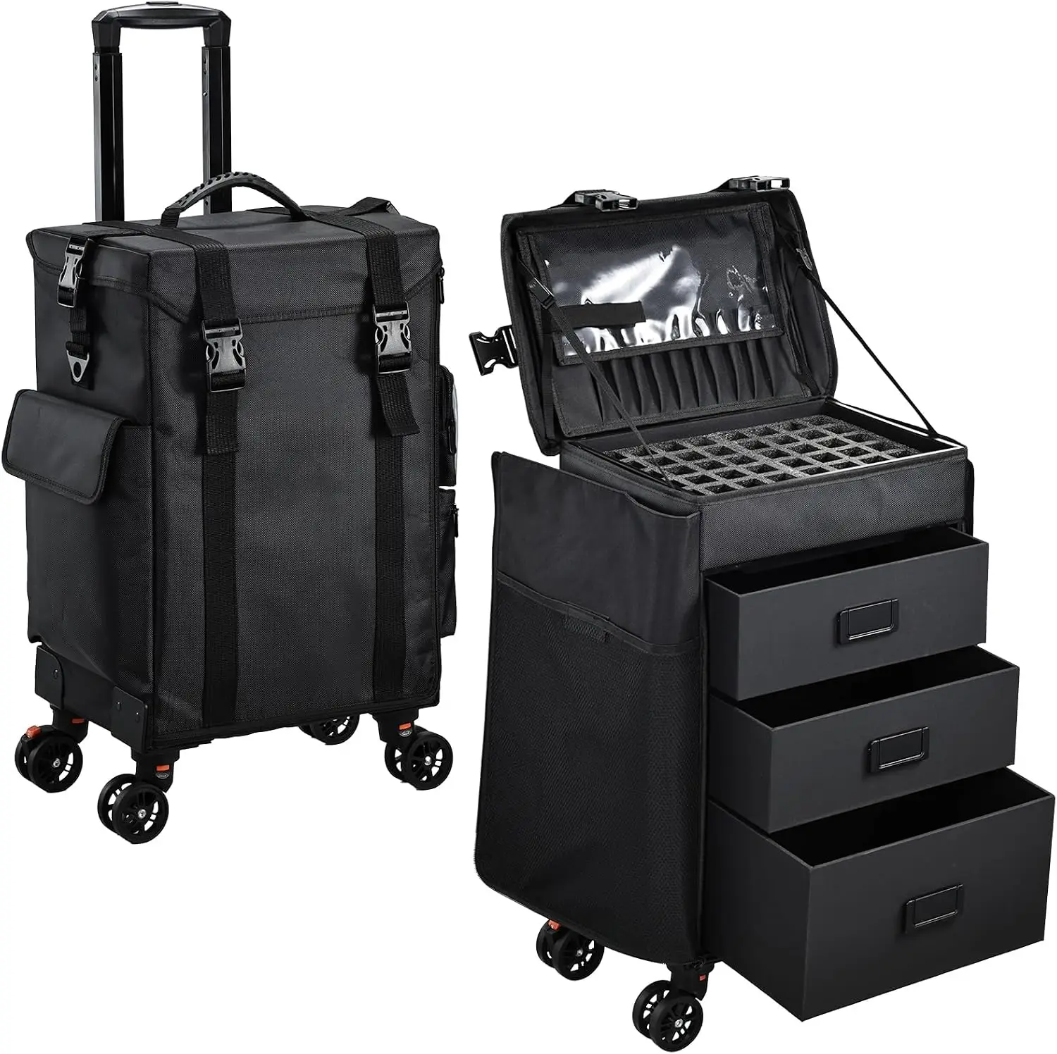 Rolling 4 In 1 Soft Sided Professional Cosmetology Makeup Case On Wheels Freelance Makeup Artist Nylon Cosmetic Organizer Storag