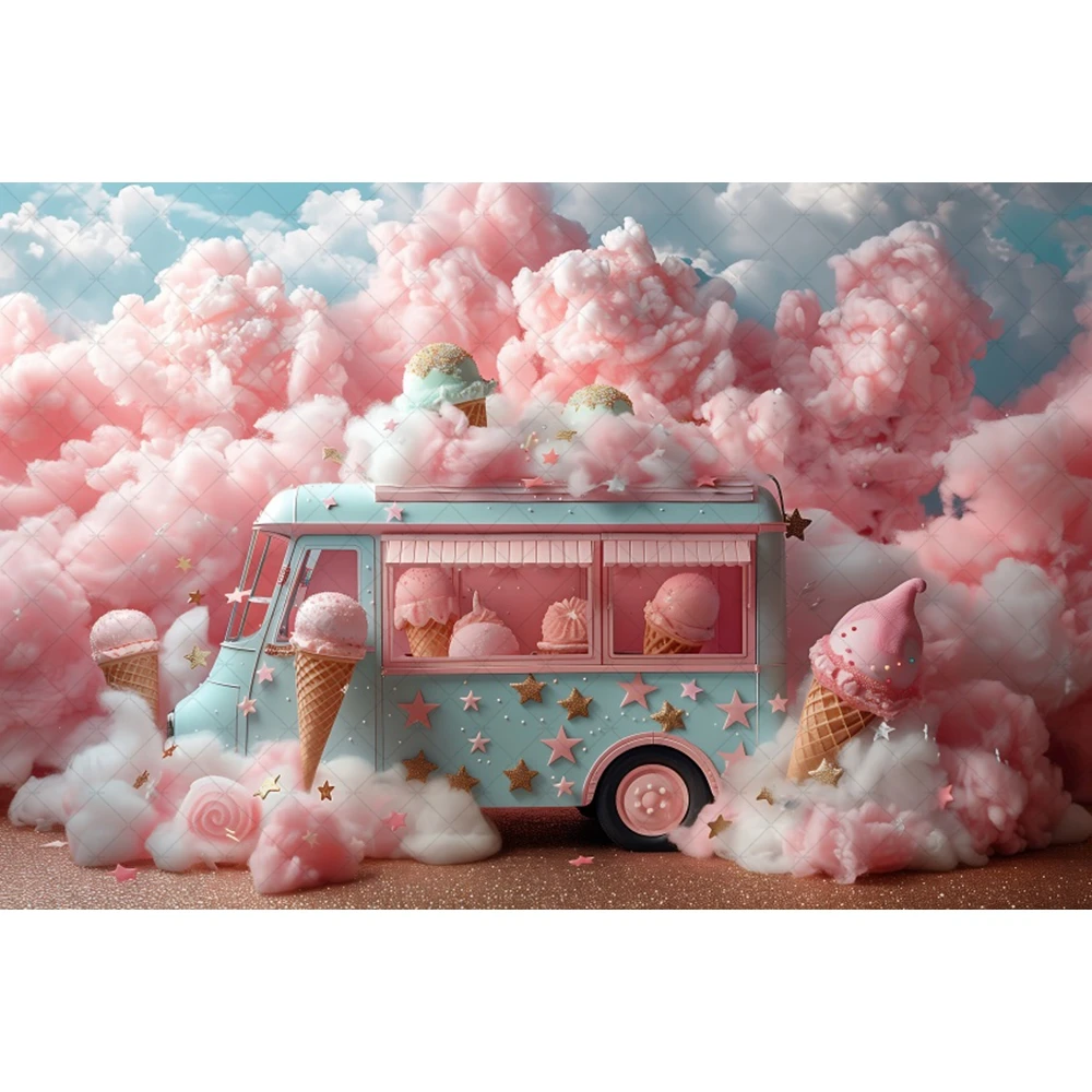 Ice Cream Truck Girls Studio Cake Smash Background Pink Cloud Decoration Sweet Birthday Party Backdrop Newborn Photoshoot Photos