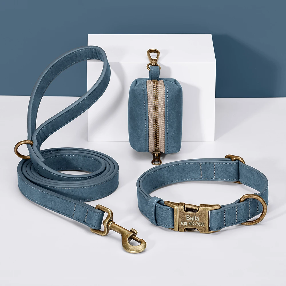 Benutzerdefinierte Hundehalsband Leine Tasche Set personalisierte PU Leder Hundehalsbänder Vintage Haustier Schnalle Halskette mit Bleikot Tasche für Hunde Mops – Detail 14