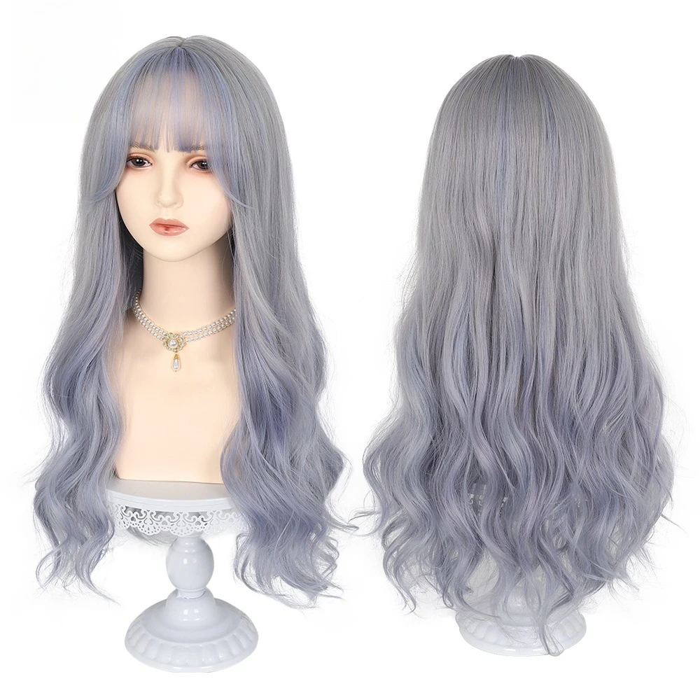 

Lolita Japanese-style wig for women, long synthetic wig, long wavy hair, blue gradient full headpiece