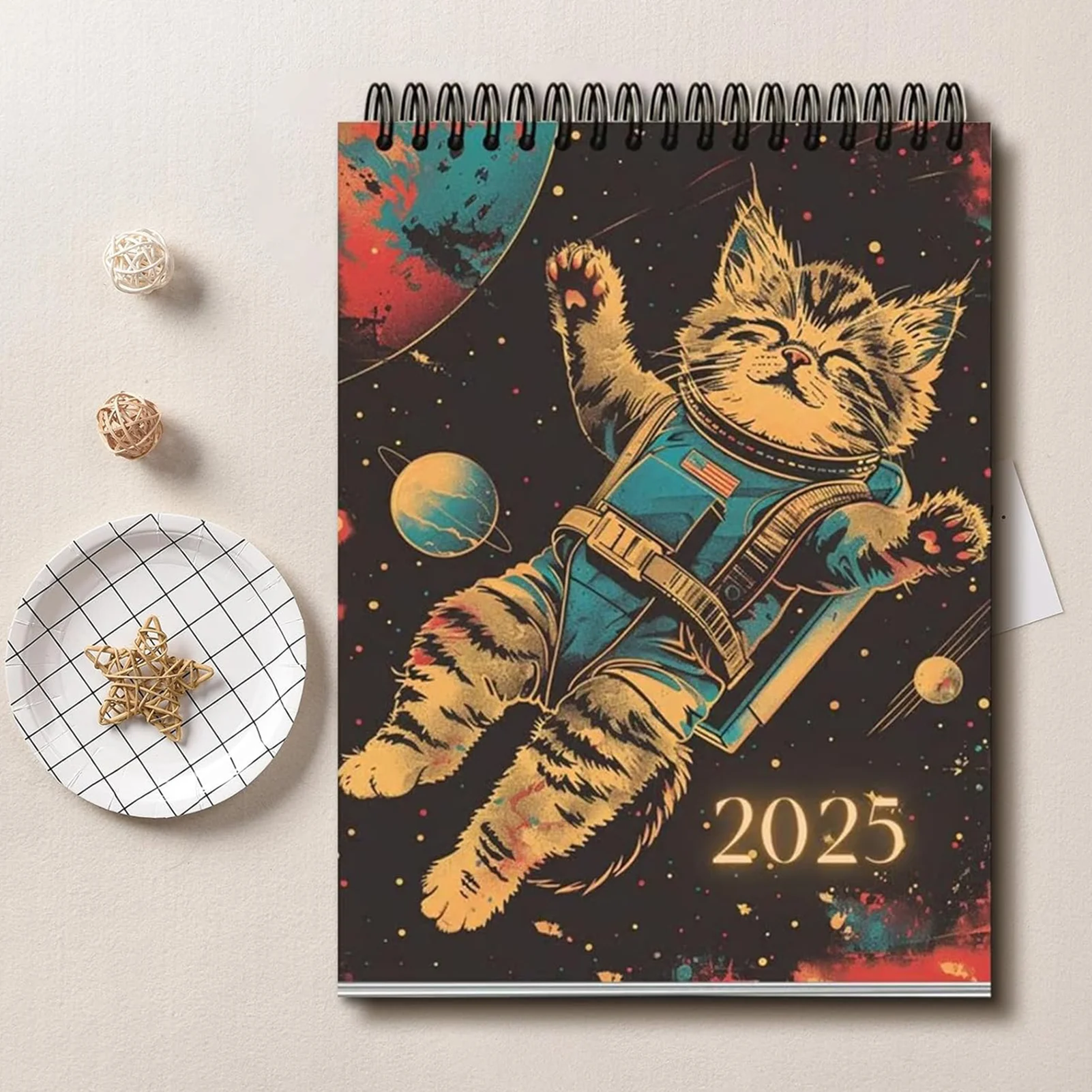 2025 Space Cats Theme Wall Calendar Funny Annual Monthly Wall Planner for Study Bedroom Office Decoration