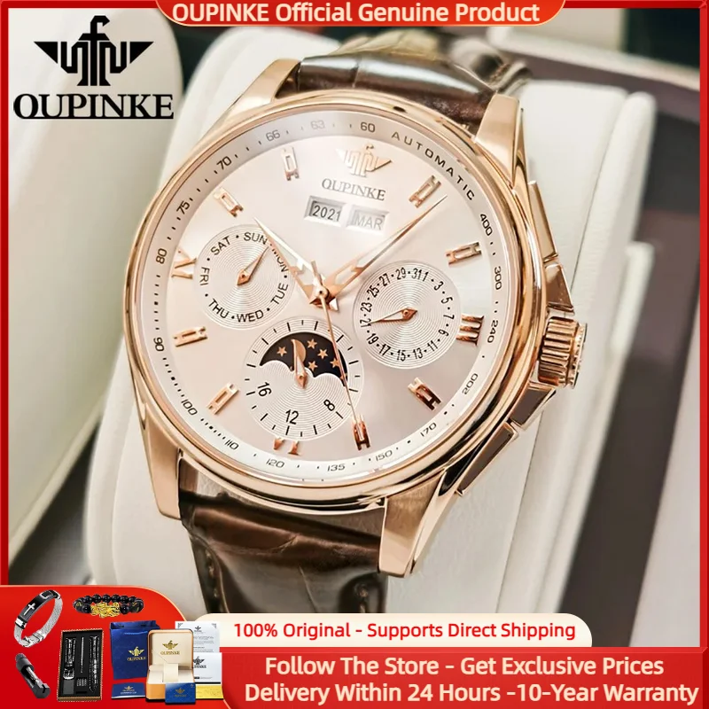 

OUPINKE 3189 Men Watch Luxury Original Fully Automatic Mechanical Watch Leather Strap Waterproof Moonphase Top Brand Men Watch
