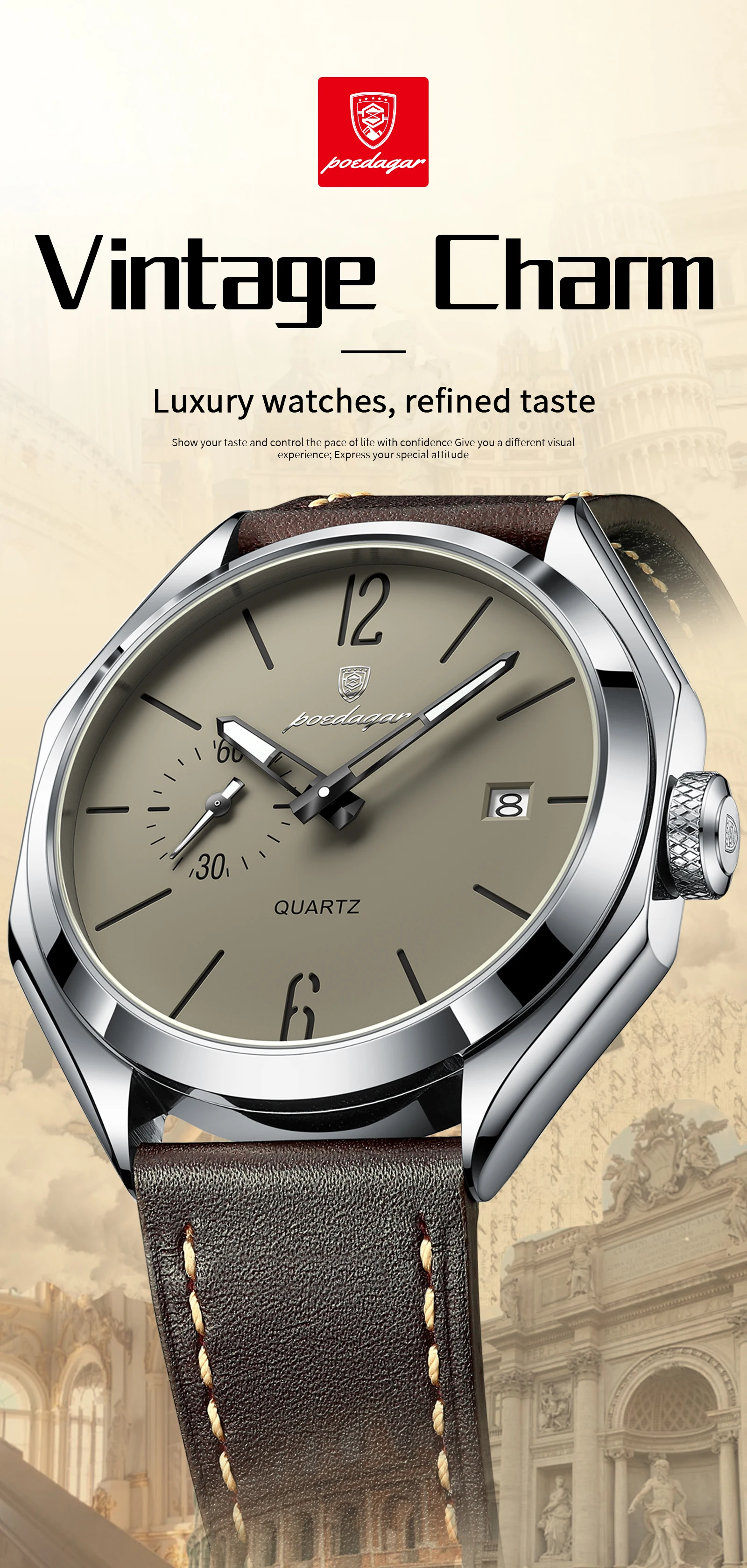 POEDAGAR Top-Mode Herrenuhr, Business, wasserdicht, leuchtend, Lederarmbanduhr, Datum, hochwertige Quarzuhr, Herrenuhr, Reloj – Detail 2