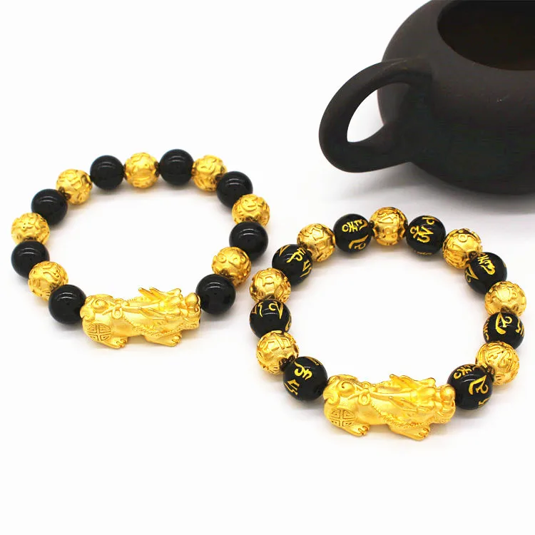 

Shining Wrist Bracelet Men's 24K Gold AU999 - Solid Gold Pixiu Bracelet, Gentle Obsidian, Golden Bead Sparkle