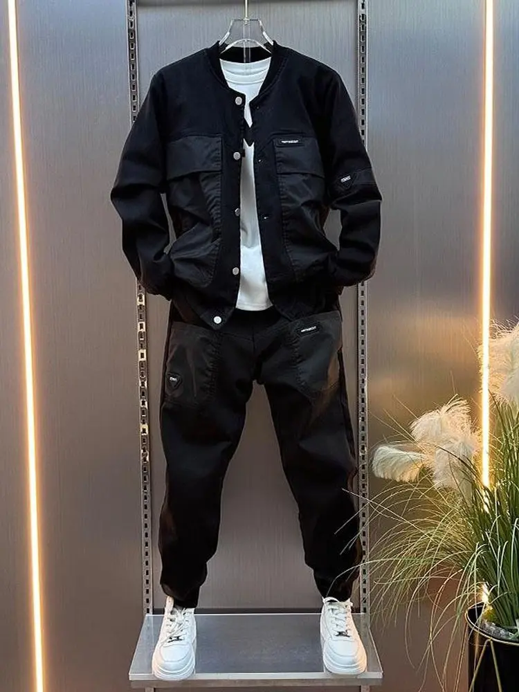 Slim Fit Men's Denim Jacket with Large Pockets Autumn New Casual Sportswear Two-Piece Set Long Pants Korean Style Cotton Blend