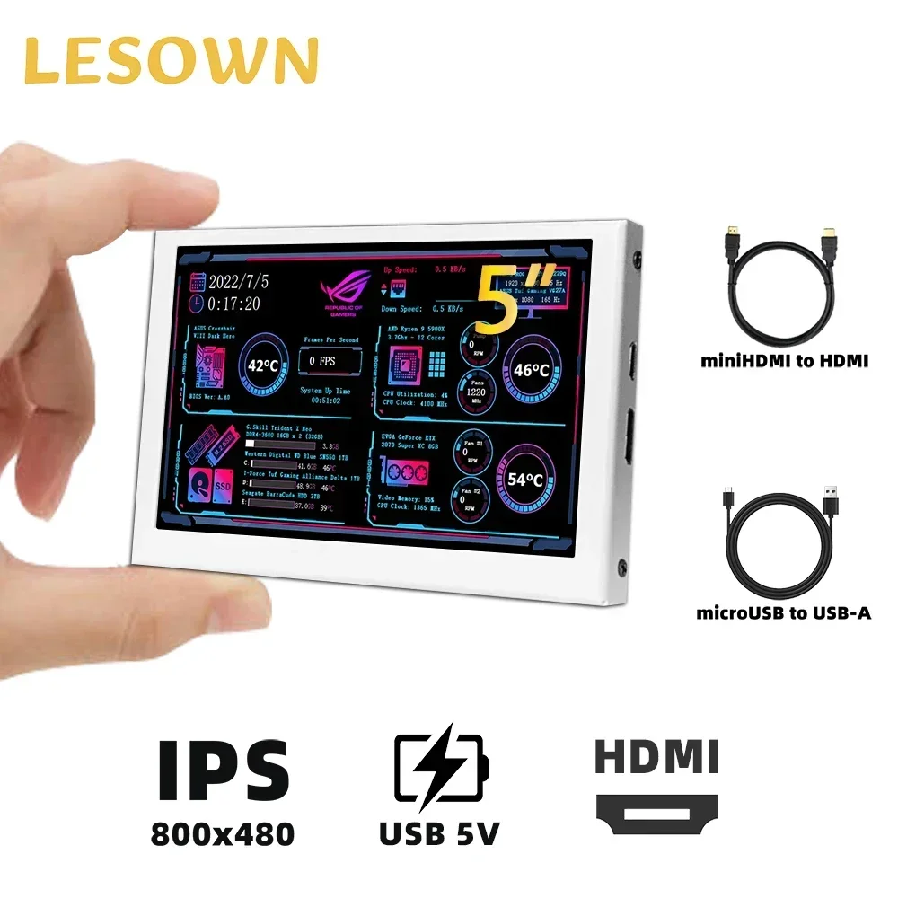 LESOWN 5 inch mini Portable Monitor HD 800x480 IPS Resolution HDMI Touchscreen Laptop Second Screen Display for PC Case Computer