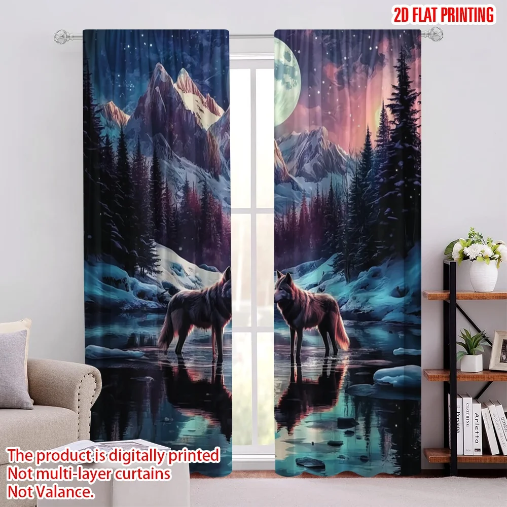 

2Pcs 2D Flat PrintingFantasy Forest Night Full Moon Cool Wolf Home Window Drapes For Bedroom And Living Room Decoration