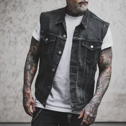 Vests Men Denim Jacket Turn Down Collar Sleeveless Coats Casual Regular Splice Pocket Button Single Breasted Coat Jackets 2024