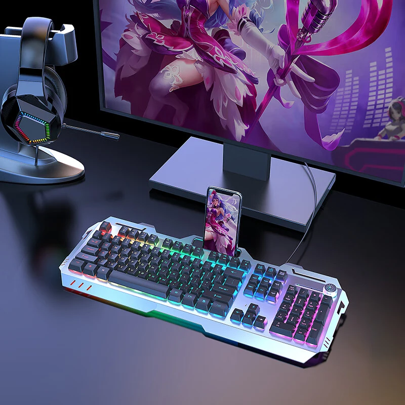 EWEADN Wired Silent Gaming Keyboard, 104 Keys Full-Size Ergonomic Keyboard with LED Backlight & Knob, for PC/Laptop Office Use