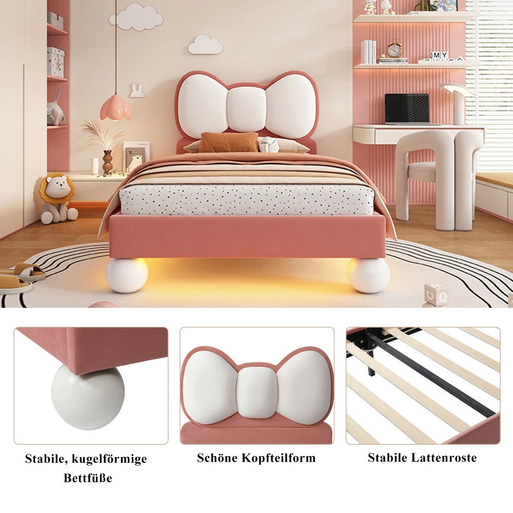 PINGGO Kinderbett, Einzelbett, 90 x 200 cm, Samt-Kopfteil in Fliegenform, Farbe, verstellbares LED-Licht, stabile Latten, ohne Matratze – Detail 9