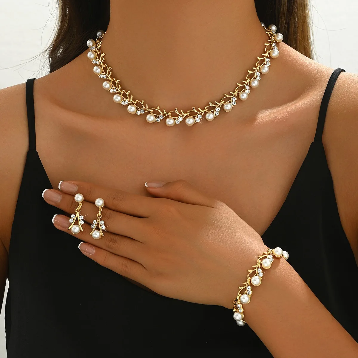 

Pearl and Crystal Gold Tone Branch Jewelry Set Necklace Earrings and Bracelet Elegant Bridal Statement Jewelry