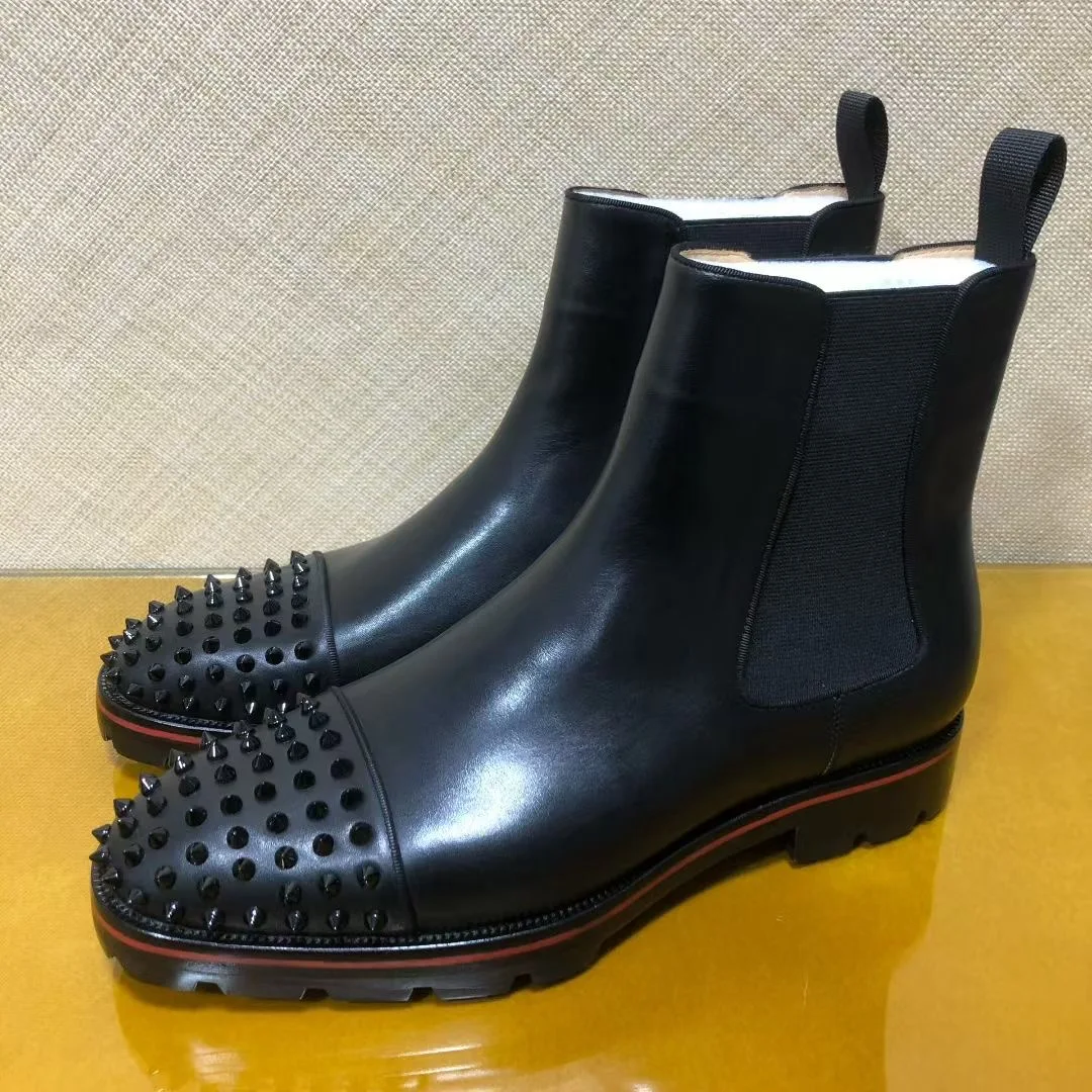 

clvtmq туфли с красной подошвой, мужская обувь из воловьей кожи, натуральная кожа, заклепки, мужские короткие ботинки на толстой подошве, мужские ботинки «Челси»