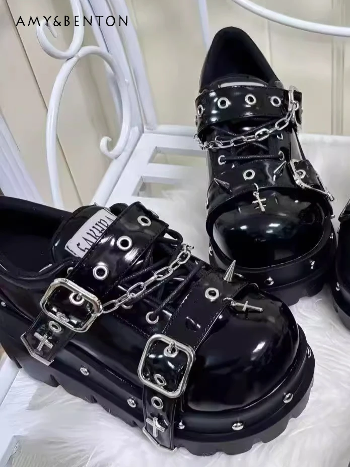 

Original Punk Y2K Subculture Rivet Versatile Thick-Soled Shoes Gothic Dark Round-Toe Thick Waterproof Platform PU Single Shoes