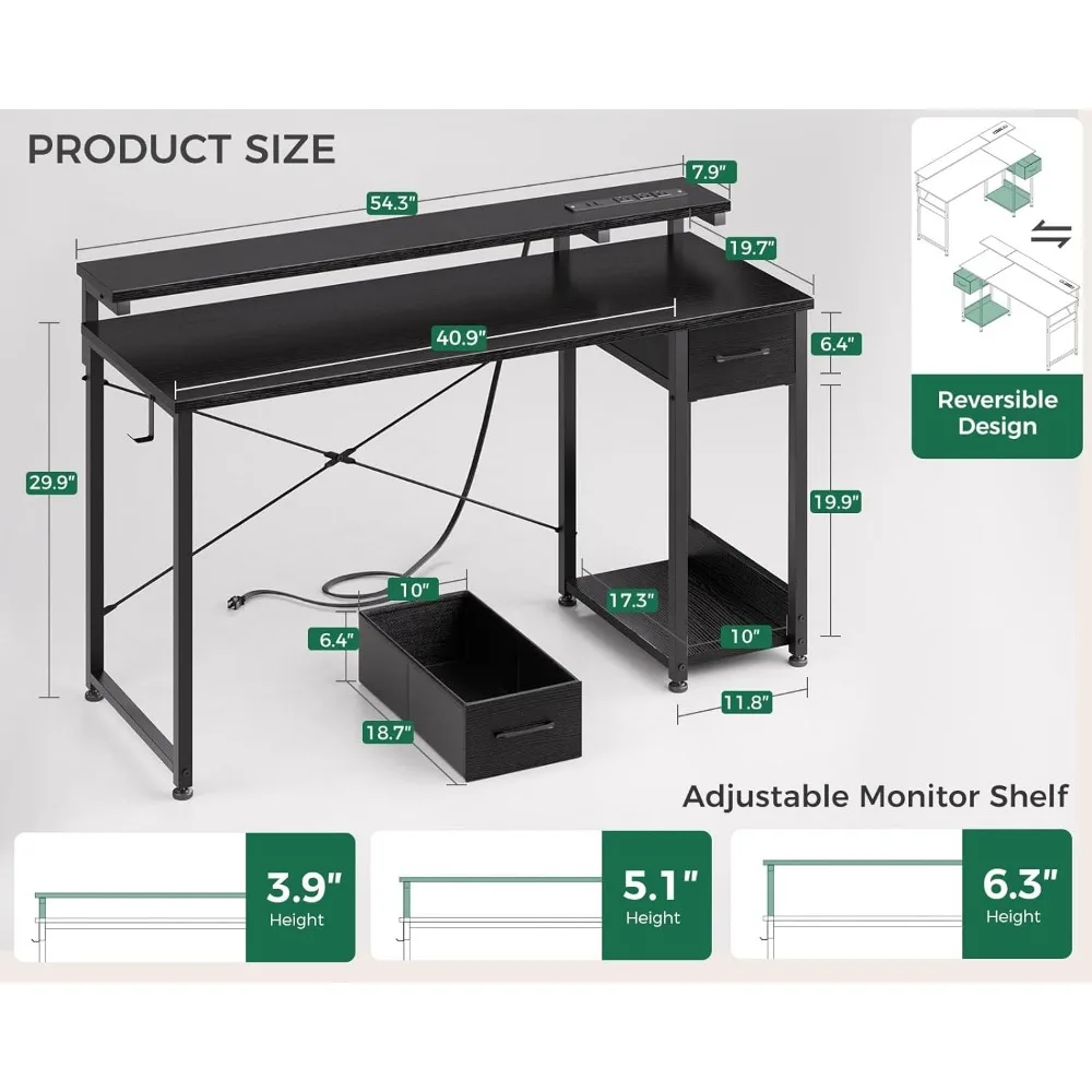 55 Inch Computer Desk With Drawer Reversible Desk With Adjustable Monitor Shelf & Headphone Hook for Home Office Black Furniture