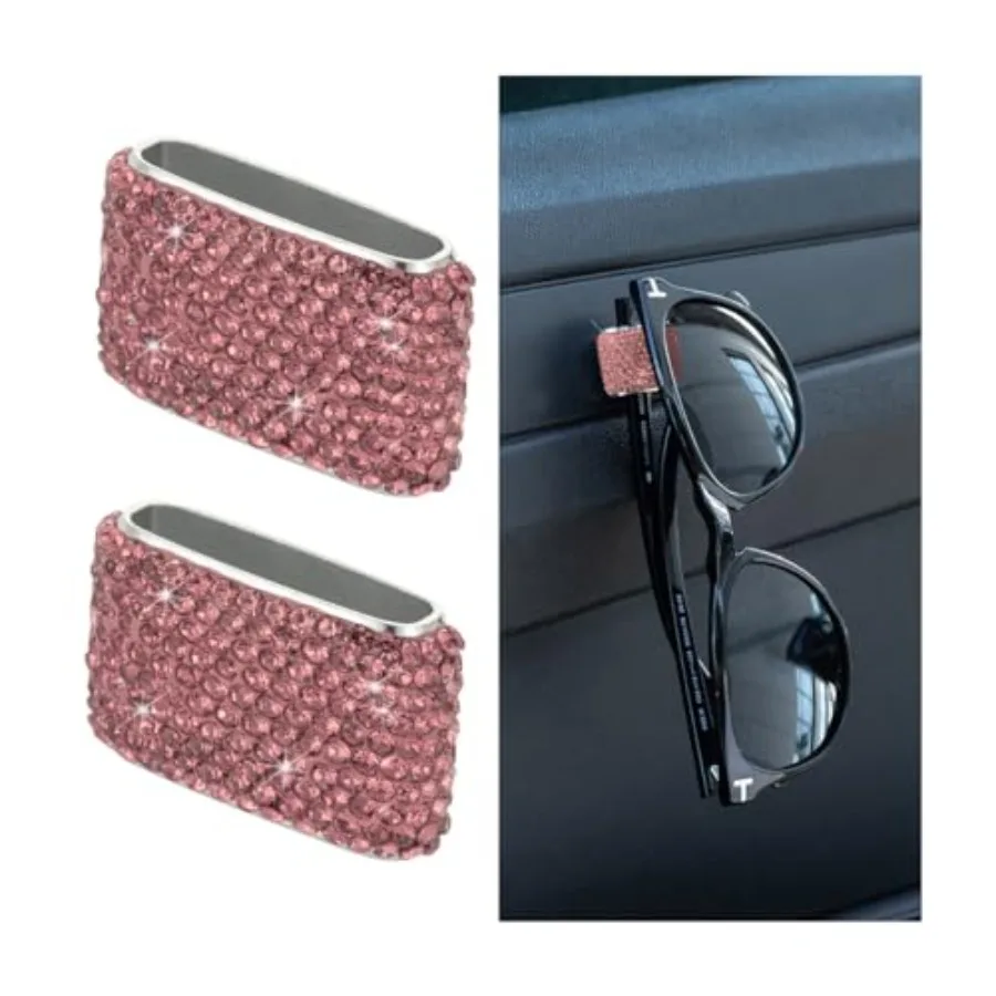 

2PCS Bling Car Sunglasses Holder, Diamond Rhinestone Automotive Dashboard Glasses Eyeglasses Hanger Hook Sun Visor Clip Car Org