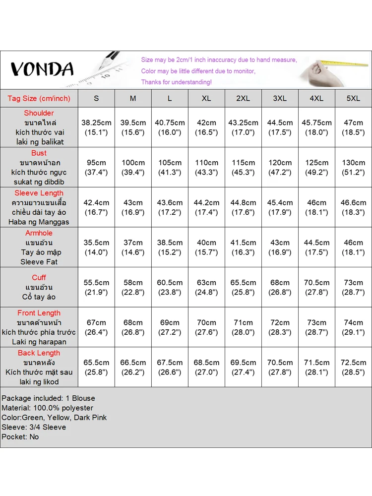 VONDA プラスサイズの女性ヴィンテージブラウスプリントシャツ夏カジュアル 3/4 フレアスリーブ 2025 V ネックボヘミアントップスルーズ Blusas オーバーサイズ