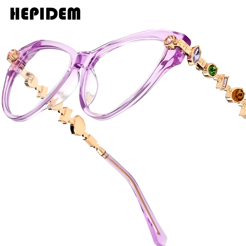 FONEX HEPIDEM Acetate Metal Diamonds Eyeglasses Frame Women 2026New Cat Eye Brand Design Glasses Fashion Eyewear Spectacles 9400