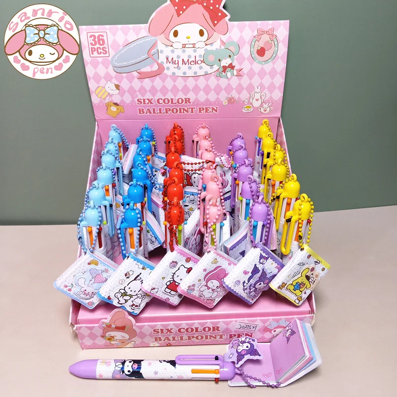 Sanrio 12/36 Stuks Balpen 6-Color Marker Kuromi Melodie Cinnamoroll Creatieve Mini Notebook Hanger Pennen Kind Briefpapier Geschenken