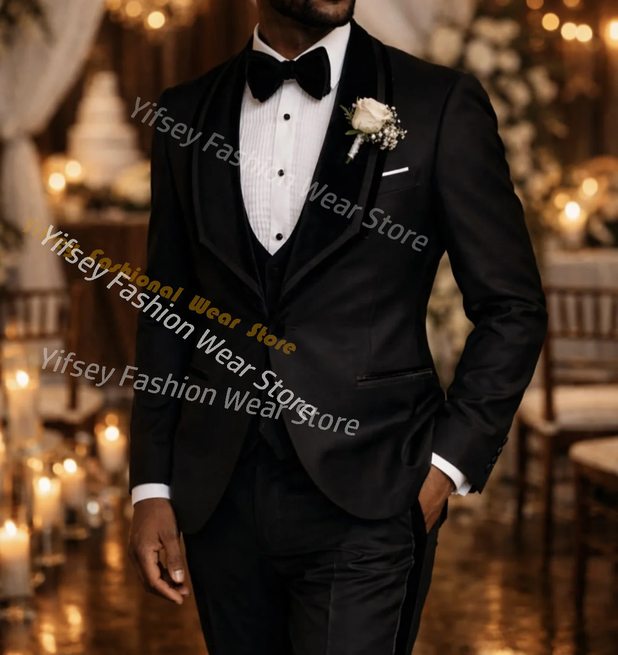 Black Patchwork Shawl Collar Suit With Flat Velvet Vest Men Suit Set Wedding Custom Made Jacket Vest Pant Blazer Trousers Outfit