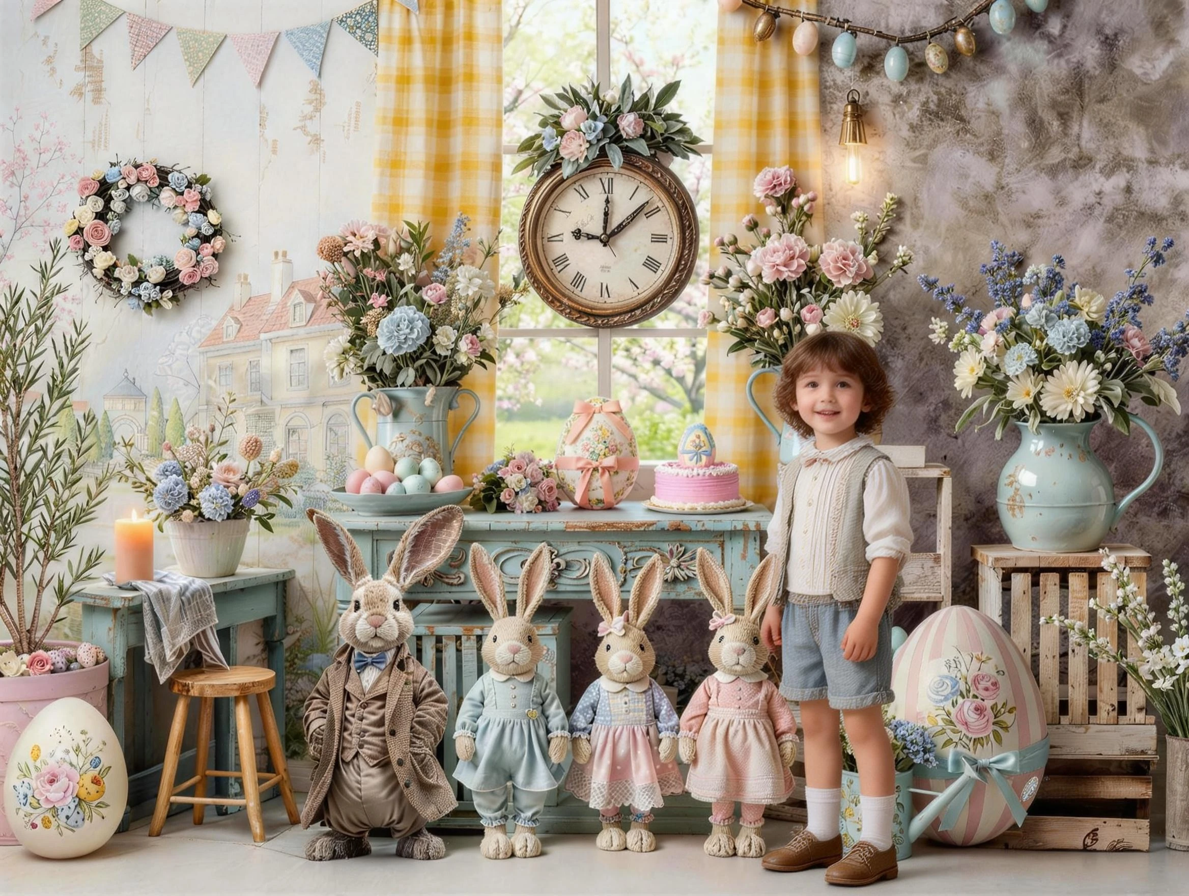 Easter Charming Spring Scene With Dressed Up Bunny Figurines Floral Arrangements Vintage Clock Pastel Background