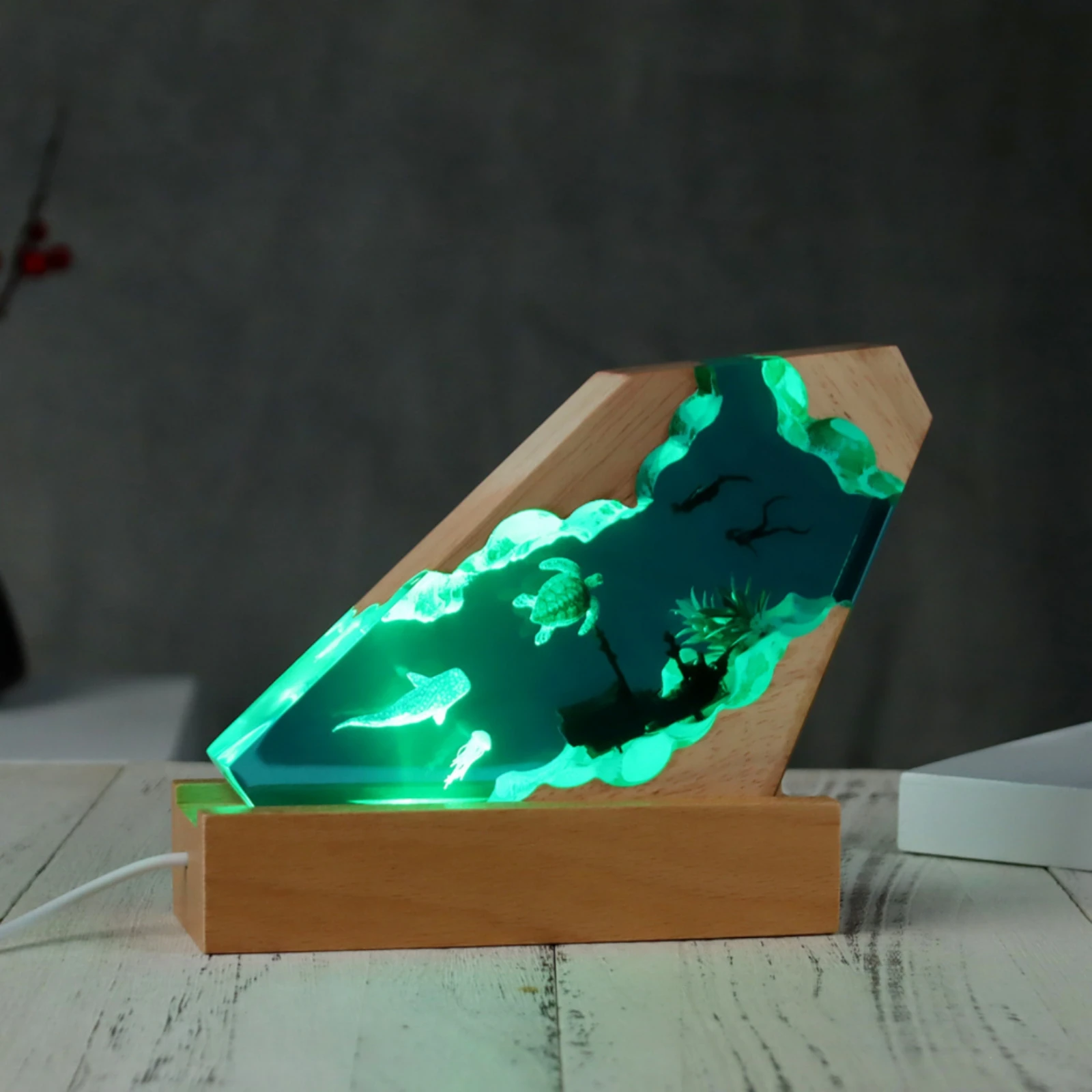 Resin Night Light with Wood Base Deep Sea Resin Wood Night Light Translucent Compact for Bedside Table, Desk view 6