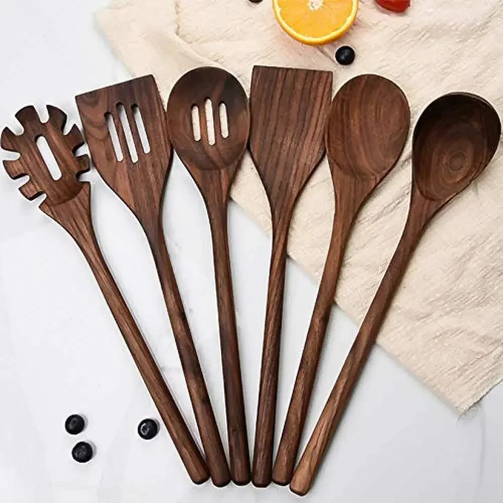 6 ชิ้นธรรมชาติสีดําวอลนัทไม้ชุดเครื่องครัวยาวช้อนและ Spatulas เครื่องมือทําอาหารทนความร้อน Non-Stick