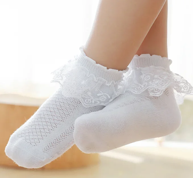 Girls Princess Mesh White Socks with Lace Ruffles Summer Spring Thin Short Ankle Stitch Floor Socks for Infant Baby Kids Toddler