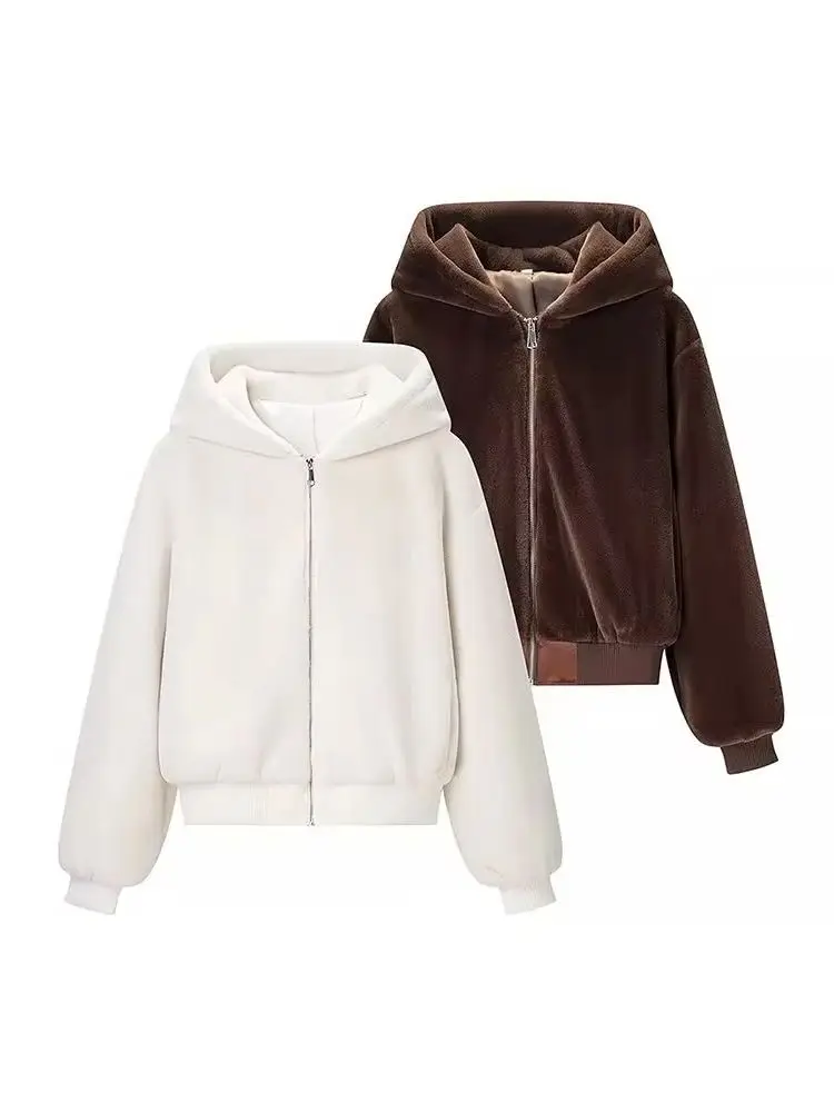 

HH Woman Loose Long Sleeves Zipper Decoration Hooded Short Coat Female Casual Streetwear Pockets 2-Color Solid Autumn Jacket