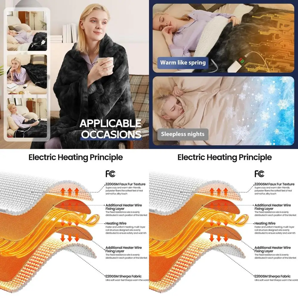 

8-Level Electric Heated Faux Rabbit Fur Sherpa Blanket with Auto Off, Overheat Protection, Grey