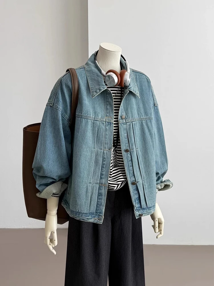 

Свободная синяя джинсовая куртка для женщин, весенняя коллекция, с воротником, в рабочем стиле, повседневная, универсальная женская одежда